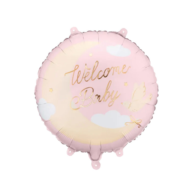 Pink round balloon with welcome baby written on it and a beige coloured half moon