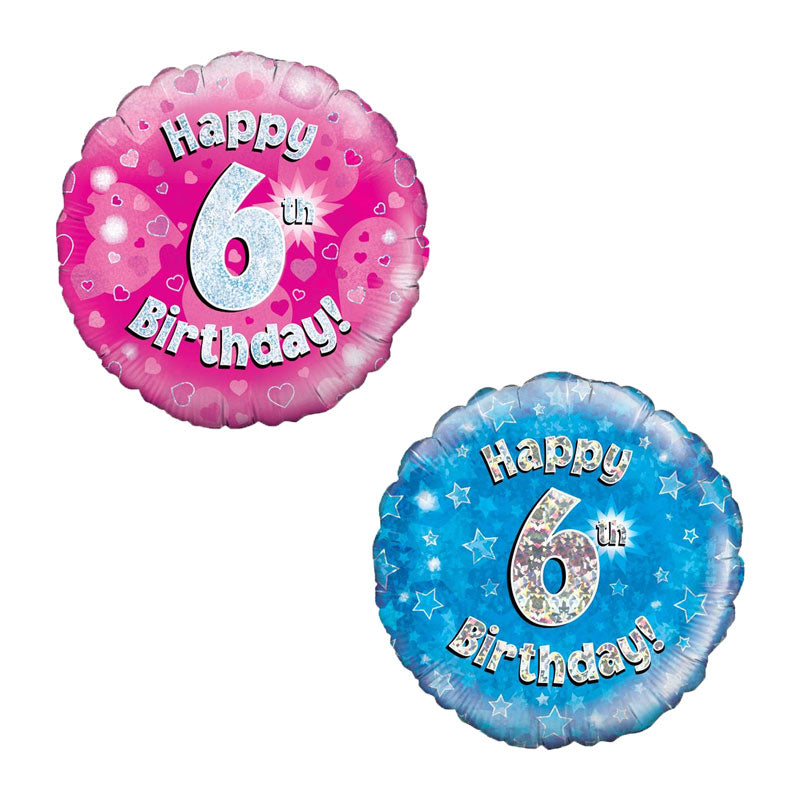 Two balloons celebrating a 6th birthday, one pink and one blue, on a white background.