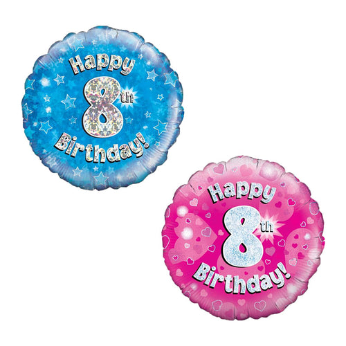 Two round balloons with 'Happy 8th Birthday!' text, one blue and one pink, on a white background.