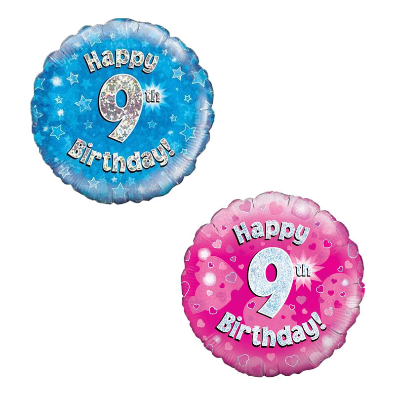 Two birthday balloons, one blue and one pink, with 'Happy 9th Birthday!' text.