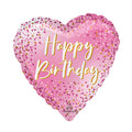 Heart shaped balloon with a pink background featuring confetti-like dots and gold writing saying 'Happy Birthday'