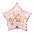 Light pink star-shaped balloon with gold writing saying happy birthday