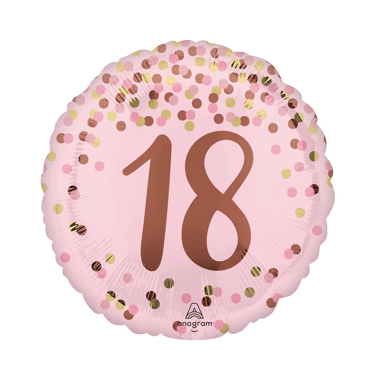 Pink balloon with number 18 and confetti dots on a white background