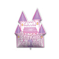 White, pink and purple princess castle balloon with 'Princess for a day!' written on the front