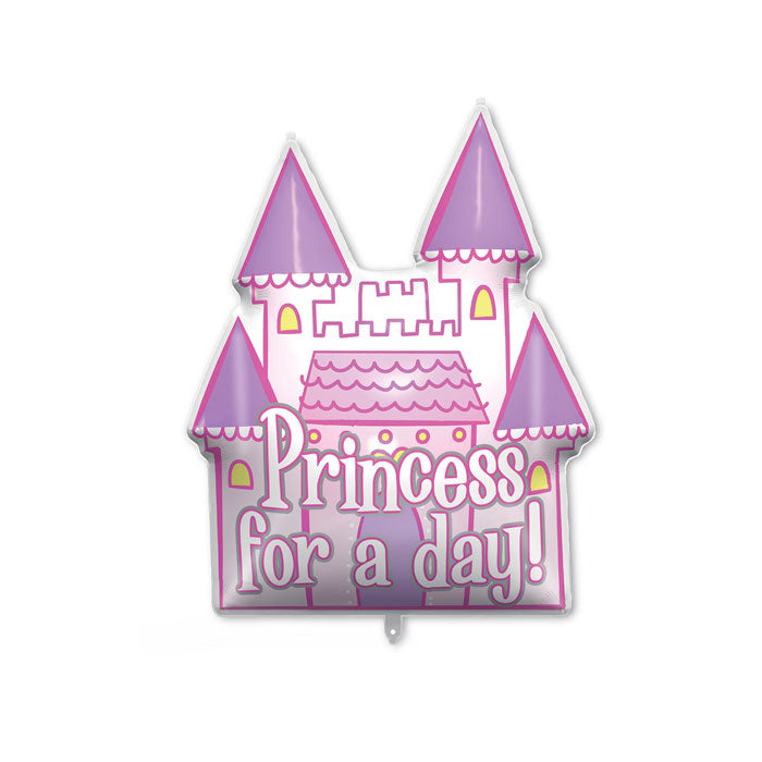 White, pink and purple princess castle balloon with 'Princess for a day!' written on the front