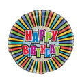 Colorful 'Happy Birthday' balloon with striped design and a prismatic effect background.