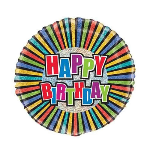 Colorful 'Happy Birthday' balloon with striped design and a prismatic effect background.