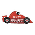 Red race car-shaped balloon with 'Happy Birthday' text on a white background