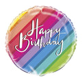 Colourful striped balloon with 'Happy Birthday' white text