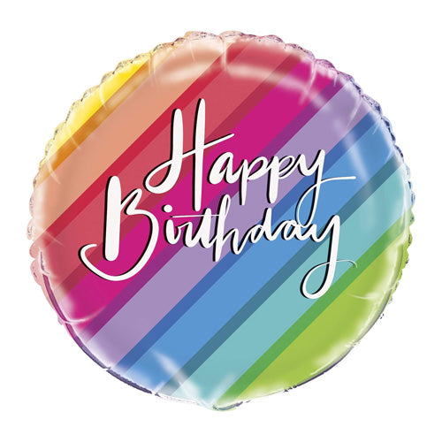 Colourful striped balloon with 'Happy Birthday' white text