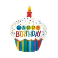 Colourful birthday cake balloon with 'Happy Birthday' text and a candle on a white background