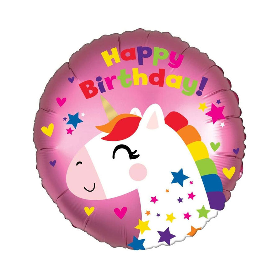 pink background balloon features a satin finish, multicolour unicorn and lots of stars and hearts with the words Happy Birthday in multiple colours
