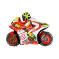 Red and white motorcycle balloon with accents of yellow. 