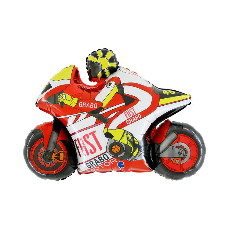 Red and white motorcycle balloon with accents of yellow. 