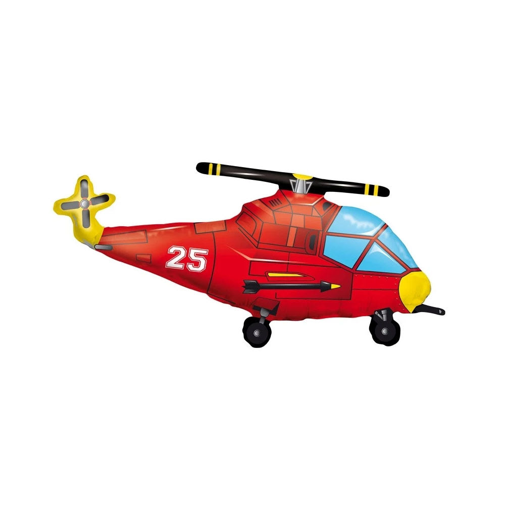 Red helicopter balloon with black blades and a yellow nose