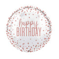 Round white background helium balloon with rose gold confetti and happy birthday writing on the front
