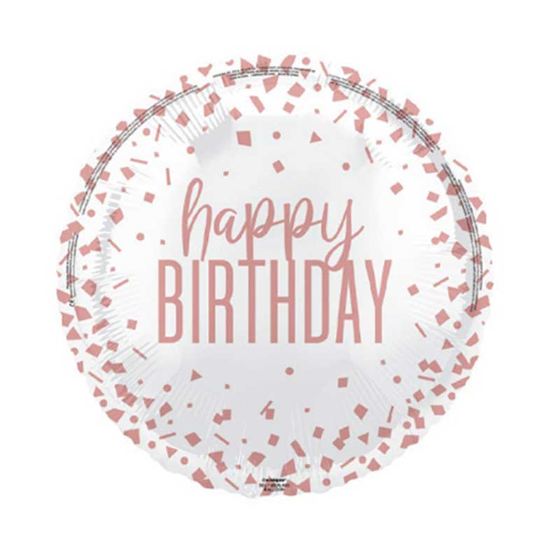 Round white background helium balloon with rose gold confetti and happy birthday writing on the front