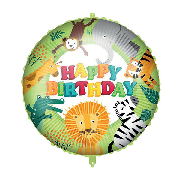 Jungle themed balloon featuring a giraffe, lion, zebra and more with happy birthday printed in the middle