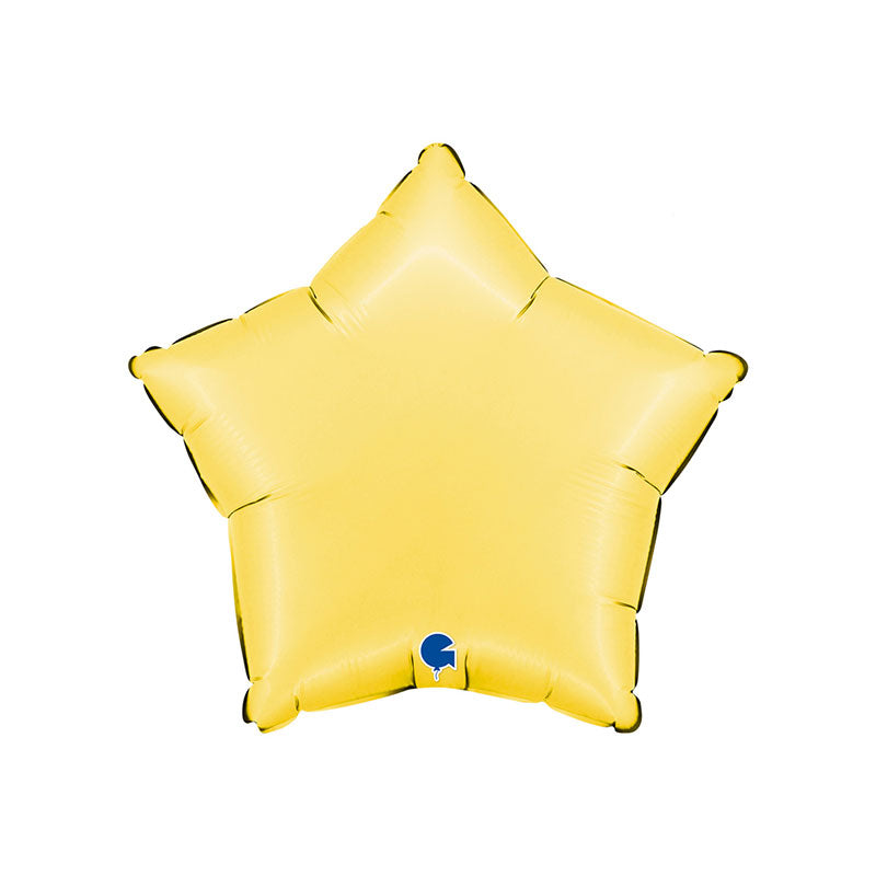Yellow star-shaped balloon with a brand logo on a white background