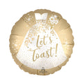 Decorative gold balloon with 'Let's Toast!' text and white wedding dress design on a white background. With a satin finish.