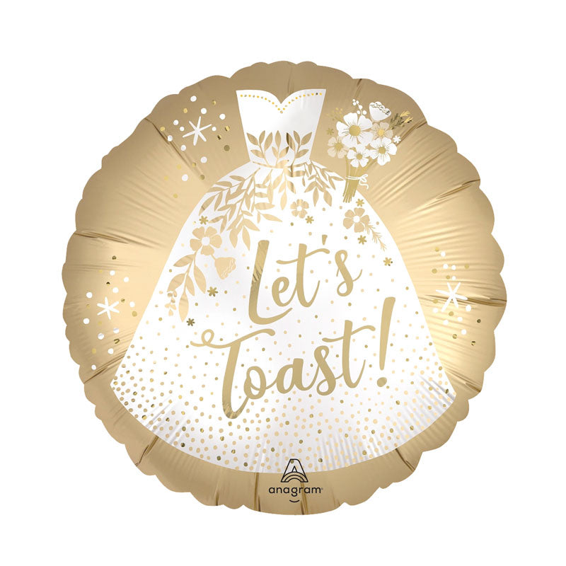 Decorative gold balloon with 'Let's Toast!' text and white wedding dress design on a white background. With a satin finish.