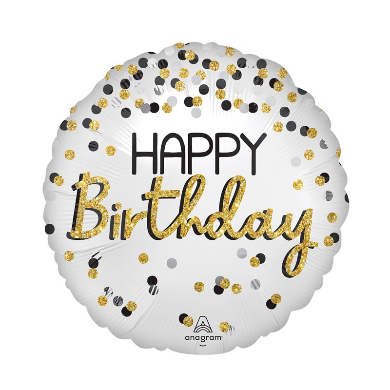 Satin luxe white and gold happy birthday 18-inch helium balloon