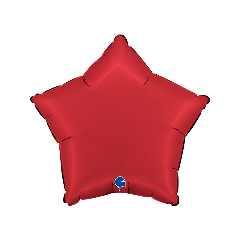 Red star-shaped balloon with a blue logo on a white background