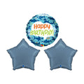 Smiling shark balloon with happy birthday on it, next to 2 satin blue star balloons.