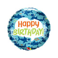 Shark-themed birthday balloon with 'Happy Birthday!' text on a white background