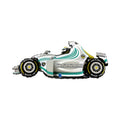Single seater racing car balloon in silver with turquoise stripes.