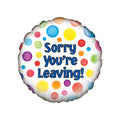 Colorful balloon with 'Sorry You're Leaving!' text on a white background with coloured circles all around