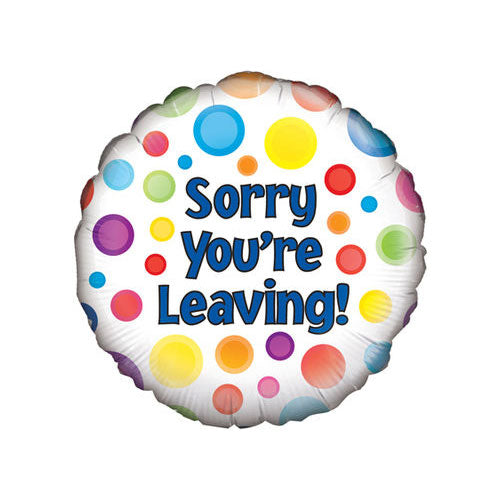 Colorful balloon with 'Sorry You're Leaving!' text on a white background with coloured circles all around