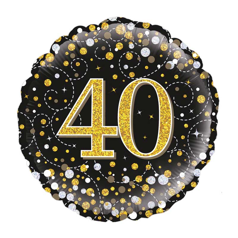 Foil balloon with number 40 on a black background with gold and silver confetti