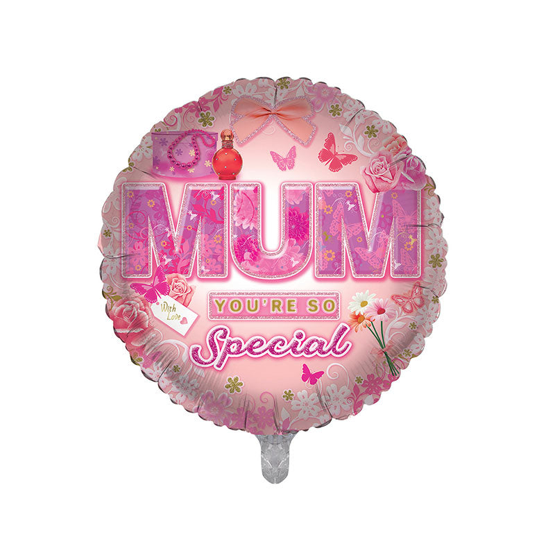 Pink decorative balloon with 'MUM YOU'RE SO SPECIAL' text on a pink background