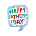 Speech bubble shaped ballon with baby blue background and white centre featuring Happy Father's Day writing, plus icons of glasses, a watch and clouds