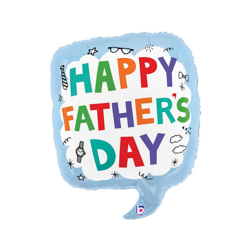 Speech bubble shaped ballon with baby blue background and white centre featuring Happy Father's Day writing, plus icons of glasses, a watch and clouds