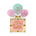 Single balloon as a bouquet style with present shape and round balloons above it with 'Happy Birthday Stay Fabulous' writing