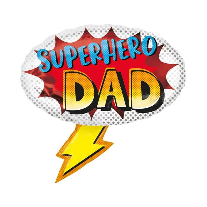 Oval shaped comic book style balloon with superhero dad written on it
