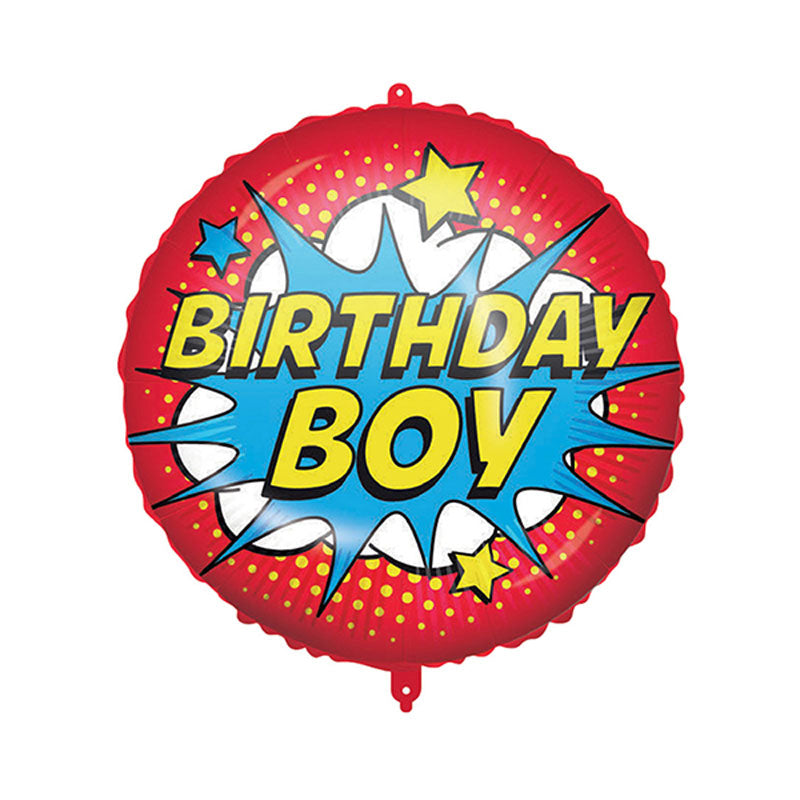 Round red background balloon in a comic book style with birthday boy in yellow text