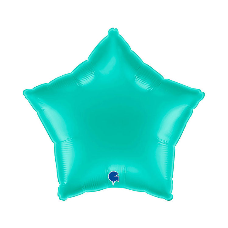 Turquoise star-shaped balloon on a white background