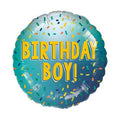 Round turquoise coloured balloon with 'Birthday Boy!' text