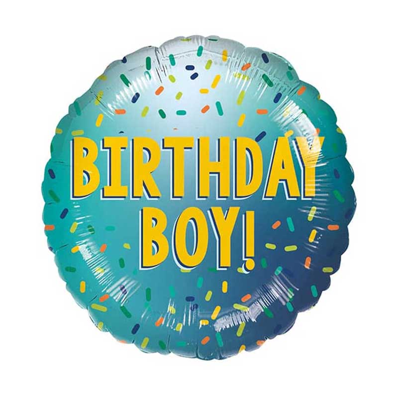 Round turquoise coloured balloon with 'Birthday Boy!' text