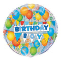 Round balloon with TV static style background, a lot of balloons printed on it and birthday boy in blue writing