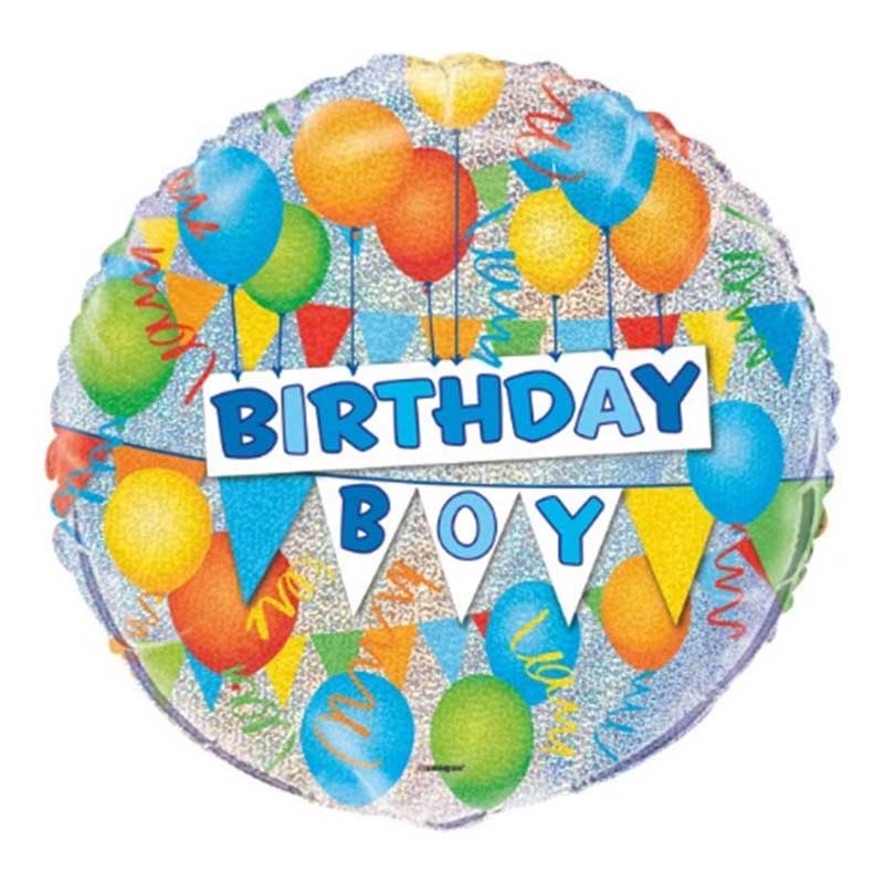 Round balloon with TV static style background, a lot of balloons printed on it and birthday boy in blue writing