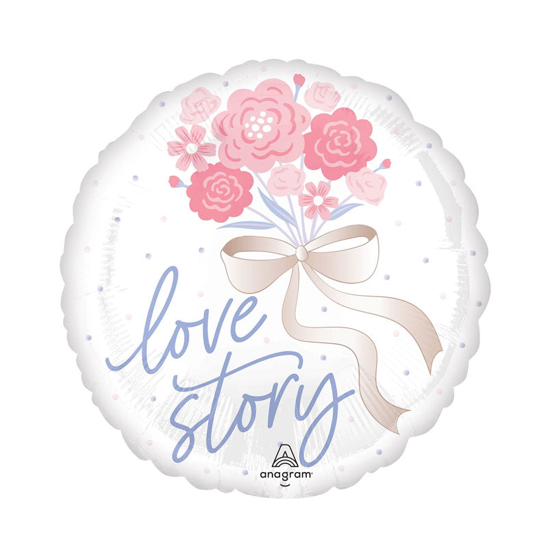 Decorative balloon with pink flowers, a bow, and 'love story' text on a white background.