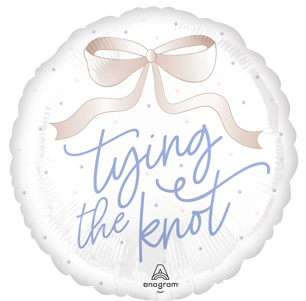 Balloon with 'Tying the knot' text in baby blue and a pastel gold bow design,