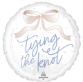 Balloon with 'Tying the knot' text in baby blue and a pastel gold bow design,