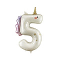Unicorn-shaped number 5 balloon on a white background