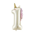 Unicorn-shaped balloon with gold horn and pink mane on a white background