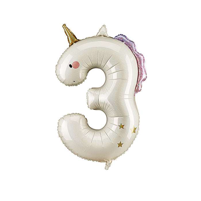 Unicorn-shaped number 3 balloon on a white background